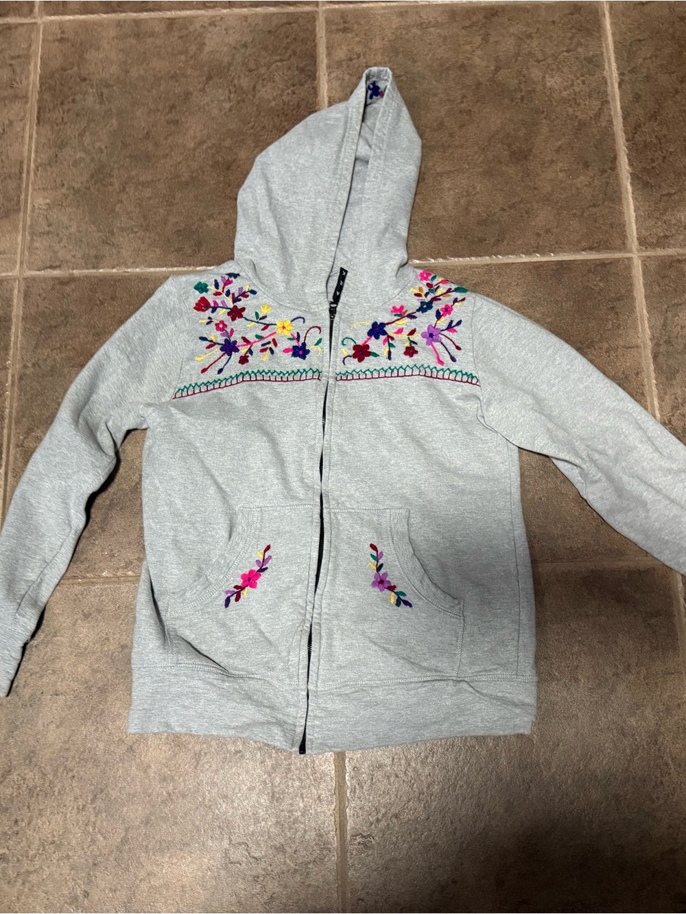 Ark Light Gray Embroidered Hooded Zip-Up Sweater